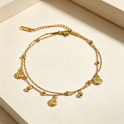 Summer Beach 304 Stainless Steel Shell Shape Charm 2-Strand Anklets for Women WGA5262-01-1