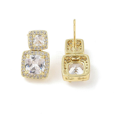 Square Brass Pave Clear Cubic Zirconia Stud Earrings with Glass for Women EJEW-L285-003G-1