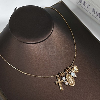 Bohemian Brass Micro Pave Clear Cubic Zirconia & Imitation Pearl & Opalite Cross Heart Oval Pendant Square Snake Chain Necklaces WGC9CA1-01-1