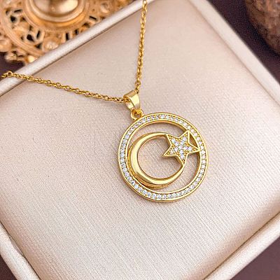 Brass Micro Pave Clear Cubic Zirconia Moon with Star Pendant 304 Stainless Steel Cable Chain Necklaces for Women WG40DAD-05-1