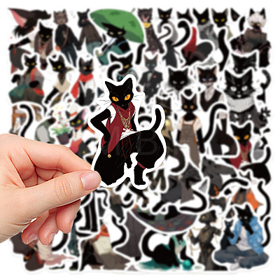 50Pcs Black Cat PVC Waterproof Sticker Labels PW-WG25996-01-1