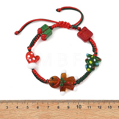 Adjustable Handmade Lampwork Christmas Tree Gift Box Gingerbread Man Braided Bead Bracelets for Women BJEW-TA00753-1