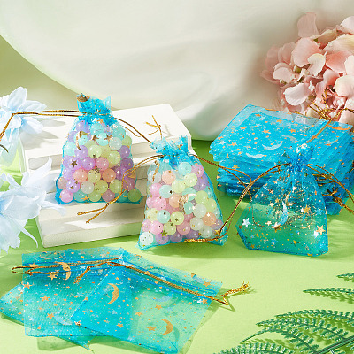 30Pcs Gold Stamping Moon Star Organza Drawstring Gift Bags ABAG-TA0002-21F-1