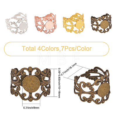 28pcs 4 Colors Rack Plating Brass Wide Open Cuff Ring Findings KK-CA0002-25-1