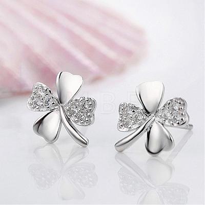 Real Platinum Plated Brass Four Leaf Clover Stud Earrings EJEW-EE0001-231-1
