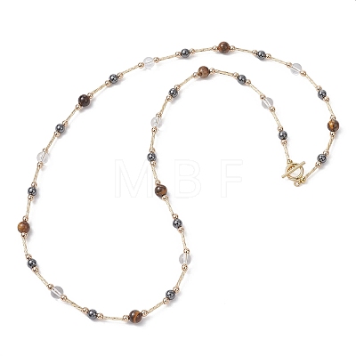 Round Synthetic Non-Magnetic Hematite & Quartz Crystal & Natural Tiger Eye and Glass Twisted Bugle Beaded Necklaces NJEW-JN05726-1