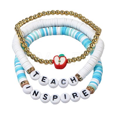 Teachers' Day Plastic Letter Inspire Teach Polymer Clay Heishi Beaded Stretch Bracelet Sets IE3330-2-1