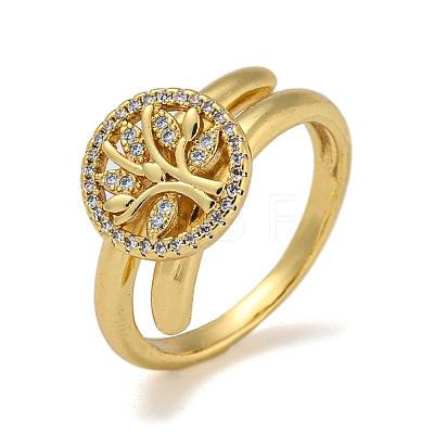 Flat Round with Tree of Life Brass Micro Pave Clear Cubic Zirconia Double Rings RJEW-Z050-23G-1