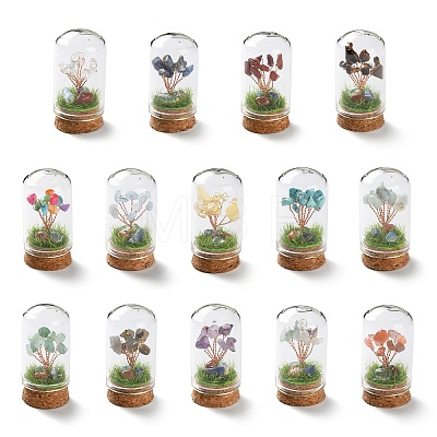 Natural Mixed Gemstone Chips Money Tree in Dome Glass Bell Jars with Wood Base Display Decorations DJEW-K030-02-1