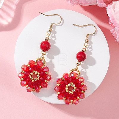 Flower Glass Seed Beads & Synthetic Turquoise Dangle Earrings EJEW-MZ00697-02-1