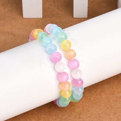 Dyed Natural Selenite Round Beaded Stretch Bracelets for Women G-U005-02M-1