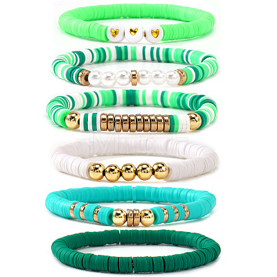 Polymer Clay Heishi Beaded Stretch Bracelets with Brass Beads for Daily Wear and Casual Style JO6865-1-1