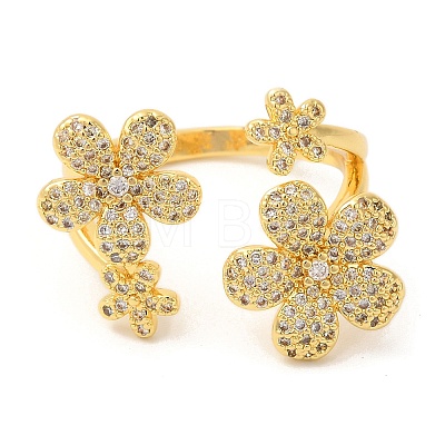 Flower Brass Micro Pave Clear Cubic Zirconia Open Cuff Rings RJEW-U008-33G-1