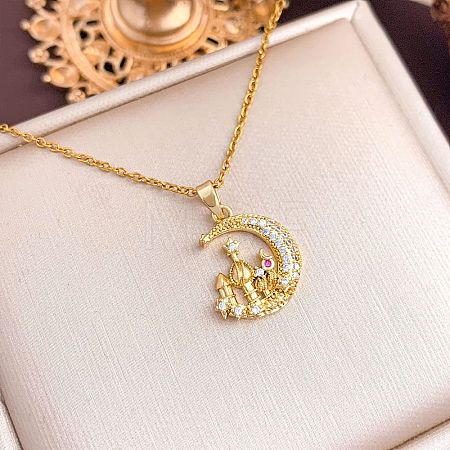 Brass Micro Pave Clear Cubic Zirconia Pendant 304 Stainless Steel Cable Chain Necklaces for Women WG79B21-03-1