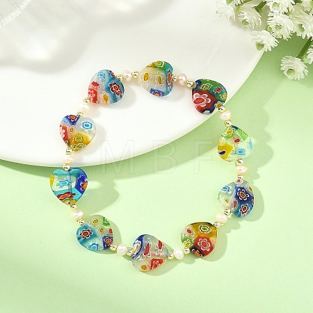 Handmade Millefiori Lampwork Heart & Natural Pearl Beaded Stretch Bracelets BJEW-JB14294-02-1