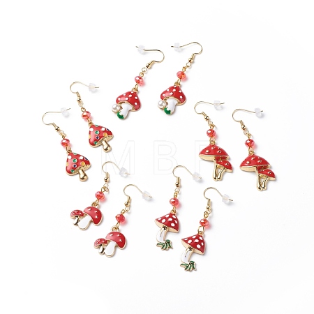 Red Alloy Enamel Mushroom with Glass Beaded Dangle Earrings EJEW-JE05049-1