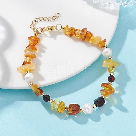 Natural Amber & Cultured Freshwater Pearl & Brass Beaded Bracelets for Women BJEW-JB13660-1