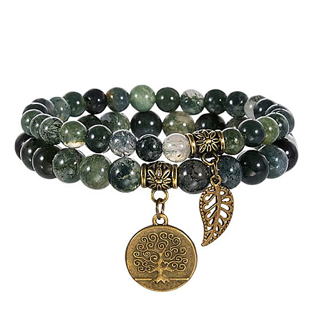 2Pcs Natural Moss Agate Round Beads Stretch Bracelets FS-WG435B7-13-1