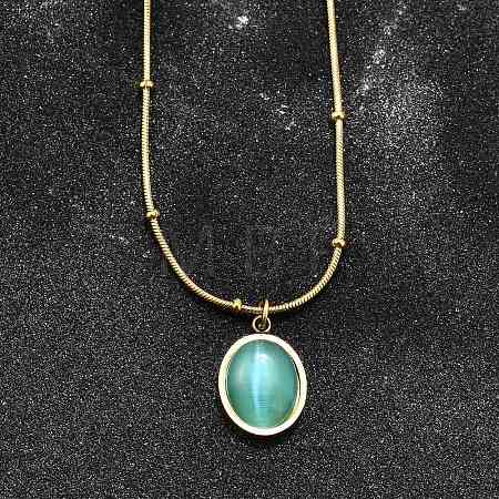 Imitation Cat Eye Oval Pendant Necklace with Round Snake Chains X-NJEW-G085-06G-1