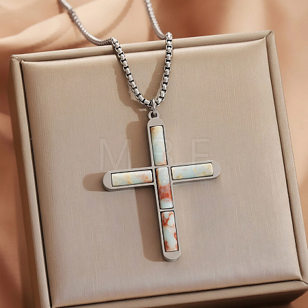 304 Stainless Steel with Natural Shoushan Stone Religion Cross Pendant Necklaces FS-WG3F108-08-1