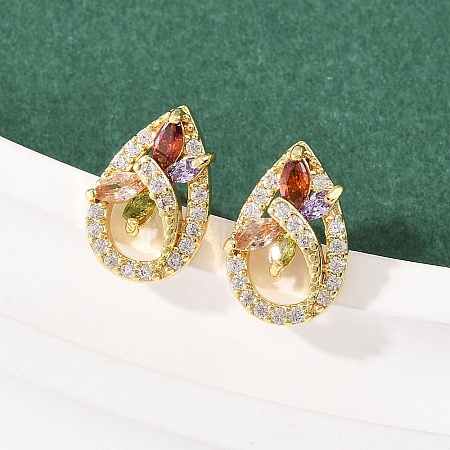 Brass Micro Pave Cubic Zirconia Stud Earrings EJEW-F400-02E-G-1