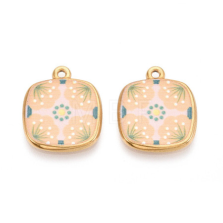 Printed Style 304 Stainless Steel Square Pendants STAS-T071-25E-G-1