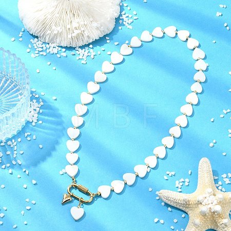 Heart Natural Freshwater Shell Beaded Necklaces with 304 Stainless Steel Screw Carabiner Lock NJEW-JN06202-1