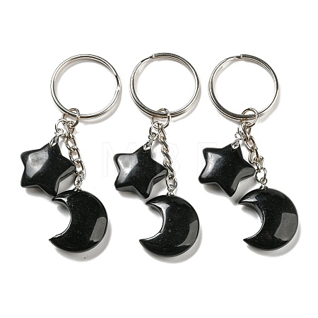 Reiki Natural Obsidian Moon & Star Pendant Keychains KEYC-P015-02P-01-1
