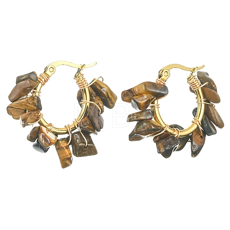Natural Tiger Eye Chips Braided Hoop Earrings EJEW-JE04940-07-1