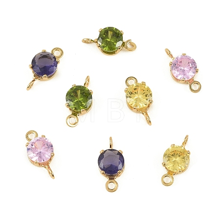 Brass Pave Cubic Zirconia Flat Round Connector Charms KK-P347-01G-1