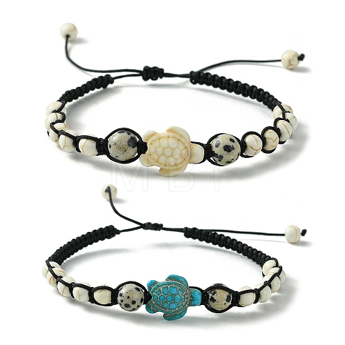 2Pcs 2 Color Natural Dalmation Jasper & Synthetic Turquoise Braided Bead Bracelet BJEW-JB09800-1