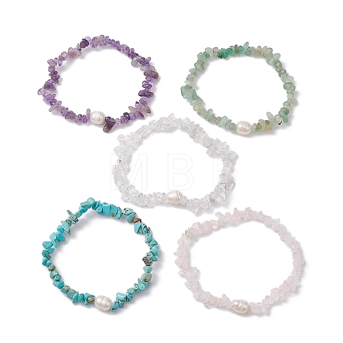 5Pcs 5 Styles Natural Rose Quartz & Quartz Crystal & Howlite & Green Aventurine & Amethyst Chip Beaded Stretch Bracelets for Women BJEW-JB10935-1