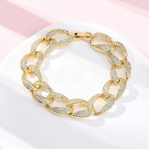 Brass Micro Pave Clear Cubic Zirconia Curb Chain Bracelets for Women BJEW-A034-04B-G-1