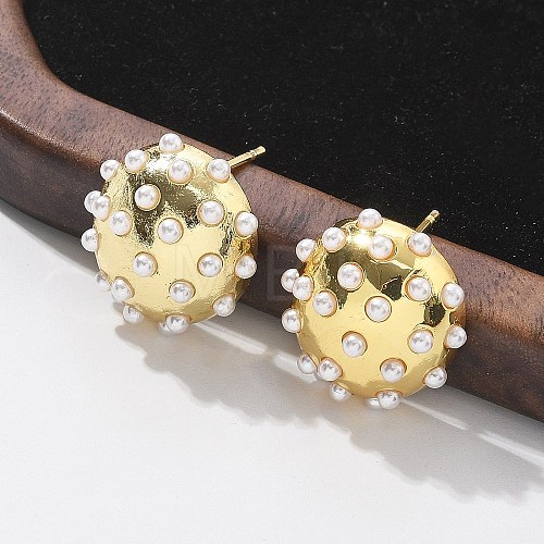 Half Round Brass & ABS Imitation Pearl Stud Earrings EJEW-M077-07G-1