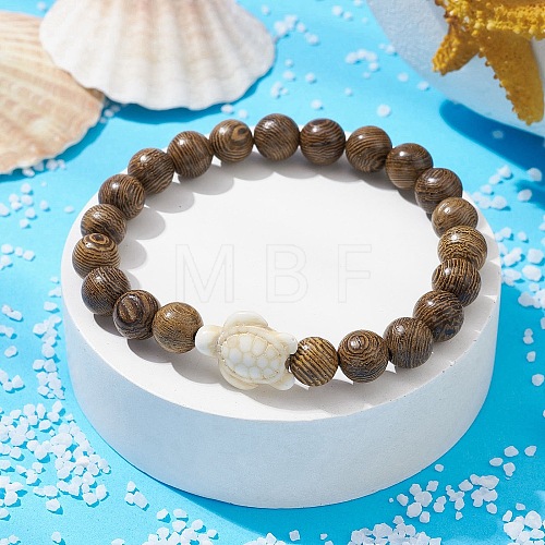 Natural Wood Round & Synthetic Turquoise Turtle Beaded Stretch Bracelet for Women BJEW-JB09700-06-1