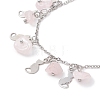 Natural Rose Quartz Chips & Cat Charms Anklet AJEW-AN00512-03-3