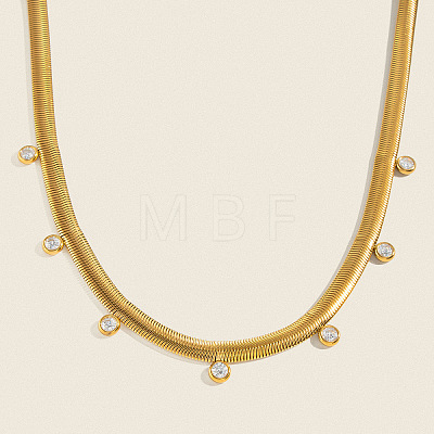 6MM 304 Stainless Steel Flat Snake Chain Necklaces with Clear Cubic Zirconia Tassel for Women AU3115-1