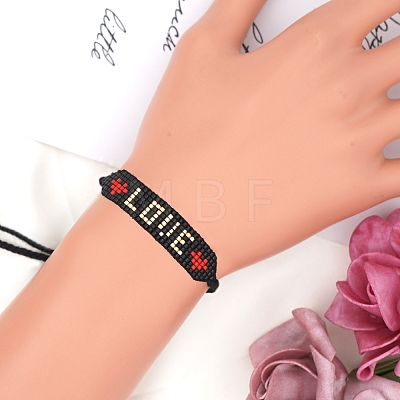 Glass Seed Wide Band With Word Love Heart Friendship Link Bracelet for Women BJEW-P269-12-1