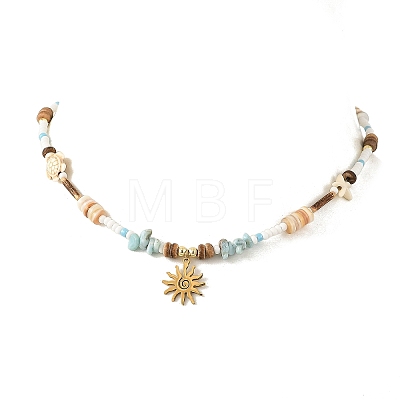 Ocean 304 Stainless Steel Sun Pendant Chip Natural Larimar and Coconut Beaded Necklaces for Women NJEW-JN06660-1