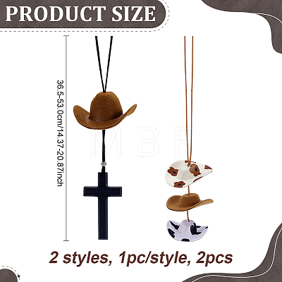 2Pcs 2 Styles Cloth & EVA Cowboy Hat with Cross Birch Wooden Pendant Decorations HJEW-ME00120-1
