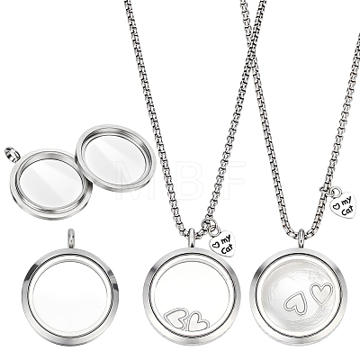 2Pcs Alloy Glass Flat Round Pet Fur Keepsake Locket Pendant 304 Stainless Steel Box Chain Necklaces NJEW-PH0001-54A-1