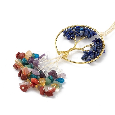 Natural Lapis Lazuli Tree of Life with Mixed Gemstone Chips Tassel Big Pendant Decorations HJEW-H057-03G-A07-1