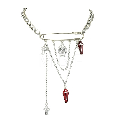 Halloween Coffin & Cross Alloy Pendant Necklaces NJEW-JN04994-1