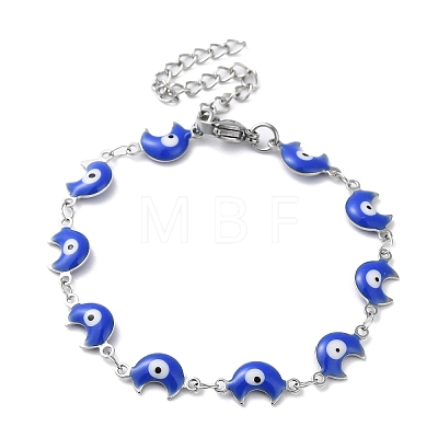 Moon with Evil Eye Enamel Link Chain Bracelet BJEW-G683-01P-1