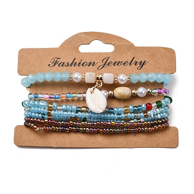 Bohemian Resin & Alloy & Glass Beads & Shell & Plastic Pearls Beaded Stretch Bracelets BJEW-Z169-01B-1