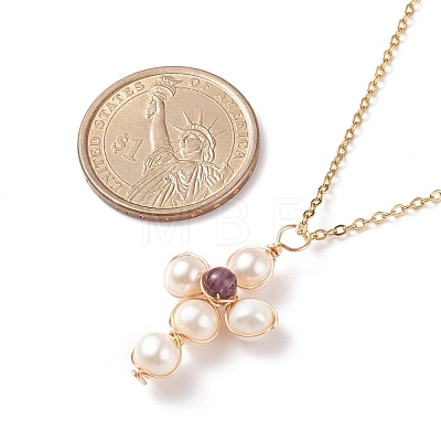 Natural Gemstone & Pearl Braided Cross Pendant Necklace NJEW-JN03920-1