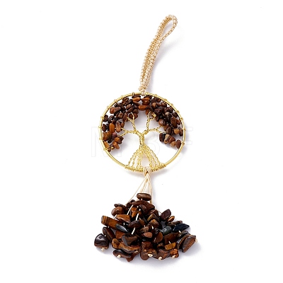 Wire Wrapped Chips Natural Tiger Eye Big Pendant Decorations HJEW-H057-03C-1