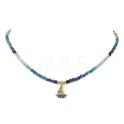 Gradient Color Brass Micro Pave Cubic Zirconia Sailboat Pendant Natural Apatite & Kyanite & Amazonite & Pearl Beaded Necklaces for Women NJEW-JN06242-1