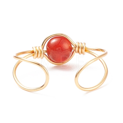 Natural Red Agate Round Beaded Open Cuff Ring RJEW-TA00041-03-1