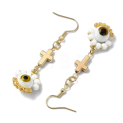 Handmade Seed Evil Eye & Cross Dangle Earrings EJEW-MZ00227-03-1